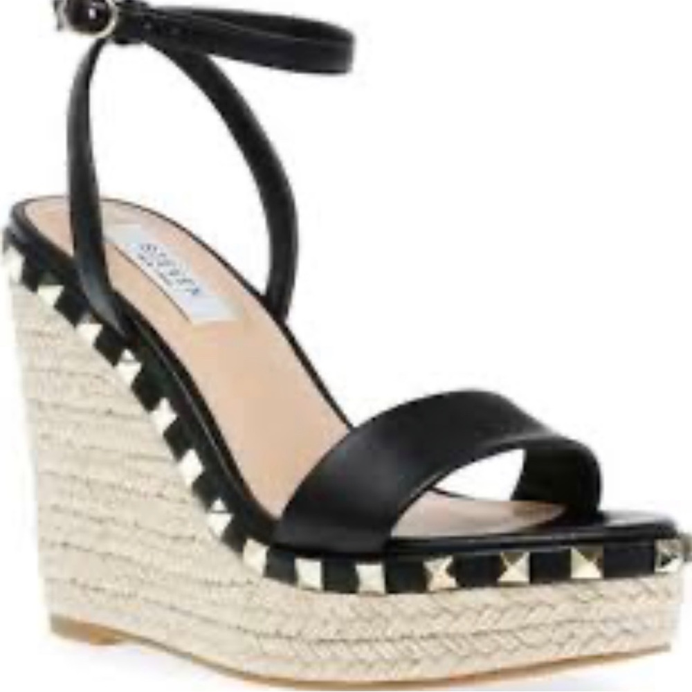 STEVEN NEW YORK Shells Studded Espadrille Wedge Sandal In Black.